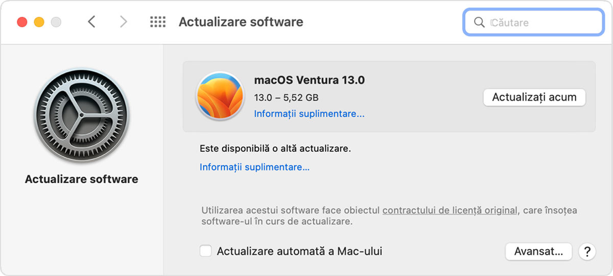 Fereastra Actualizare software în macOS Monterey