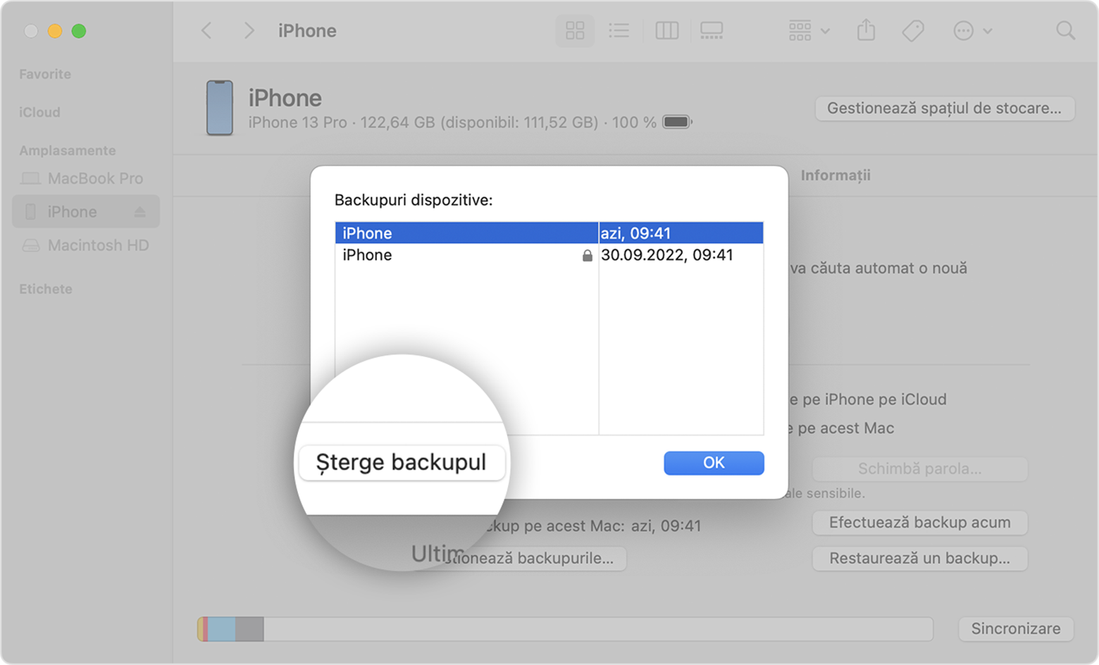 Ecran de Mac arătând cum se șterge un anumit backup