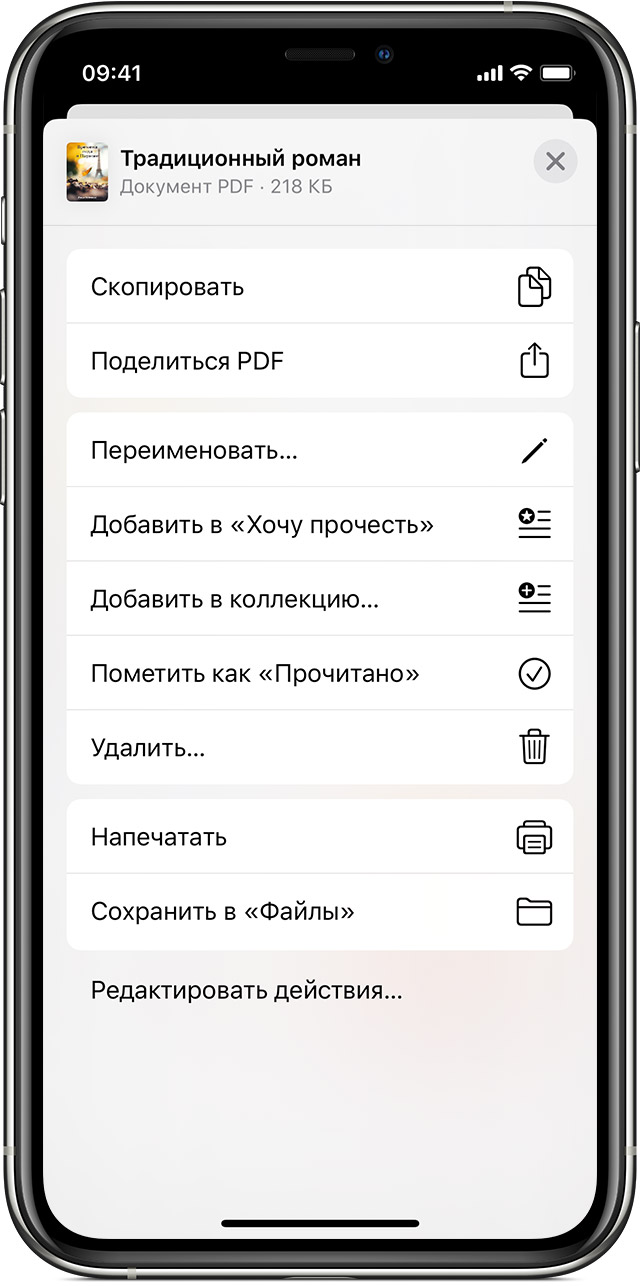 iPhone, отображающий пункты меню после нажатия кнопки «Действия», в том числе «Копировать», «Поделиться», «Переименовать», «Печать» и другие.
