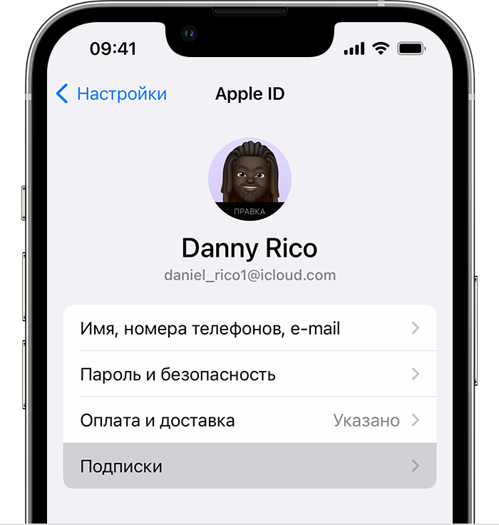 Кнопка «Подписки» в приложении «Настройки» на iPhone.