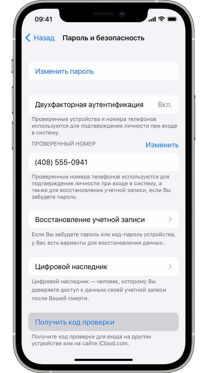 Экран iPhone, на котором отображается инструкция по получению кода проверки на экране «Настройки».