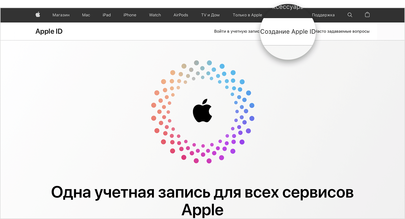 Снимок экрана со страницей appleid.apple.com, содержащий логотип Apple в центре экрана с разноцветными концентрическими кругами.