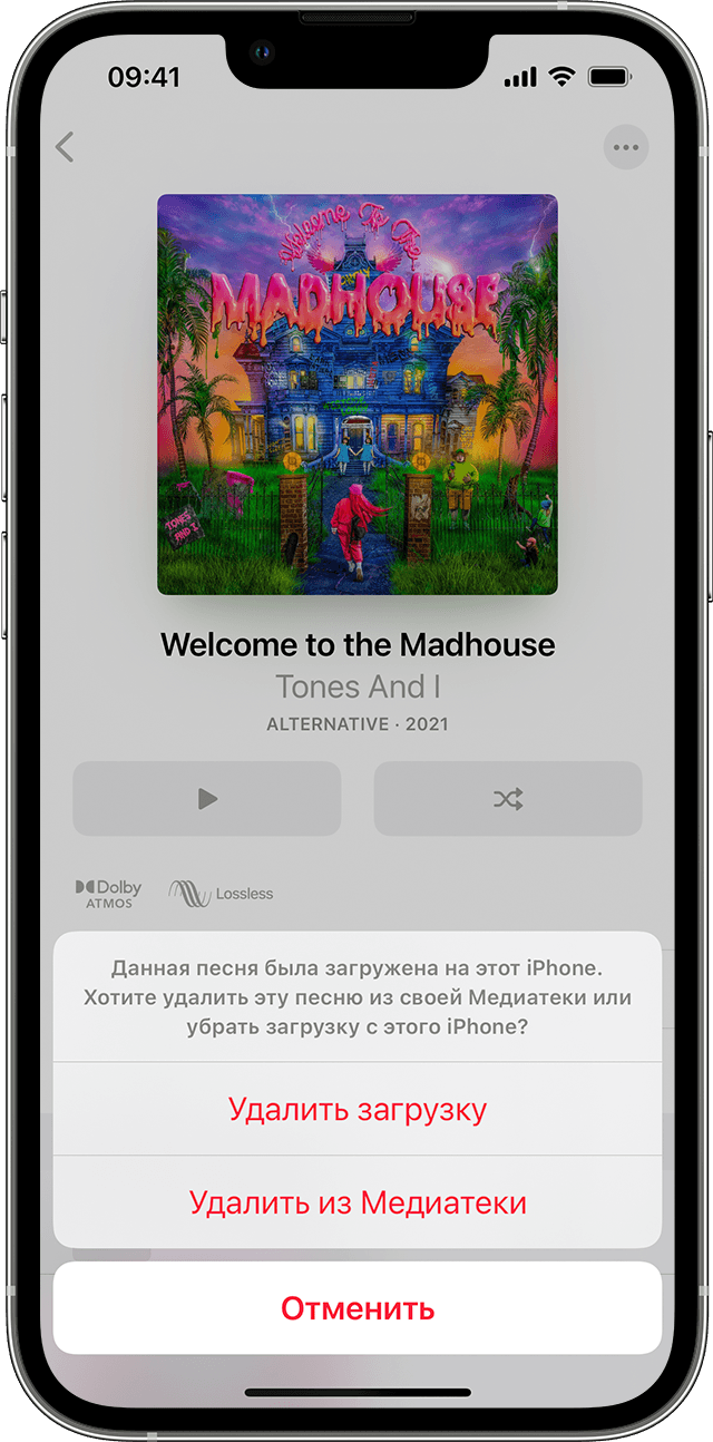 Варианты «Удалить загрузку» и «Удалить из медиатеки» в приложении Apple Music на iPhone, iPad, iPod touch или устройстве Android