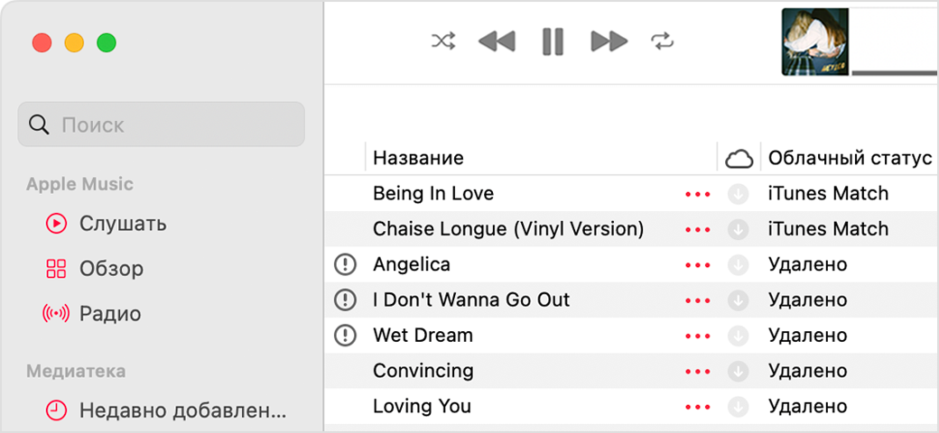 Окно приложения Apple Music, в котором показаны облачные статусы рядом с песнями