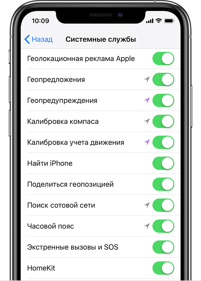 Экран «Системные службы» на iPhone.