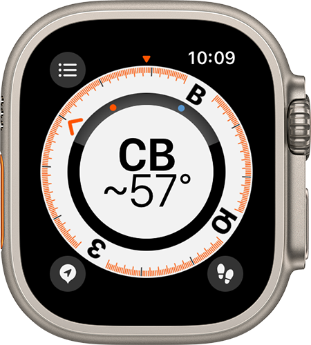 Часы Apple Watch, на которых отображается приложение «Компас»