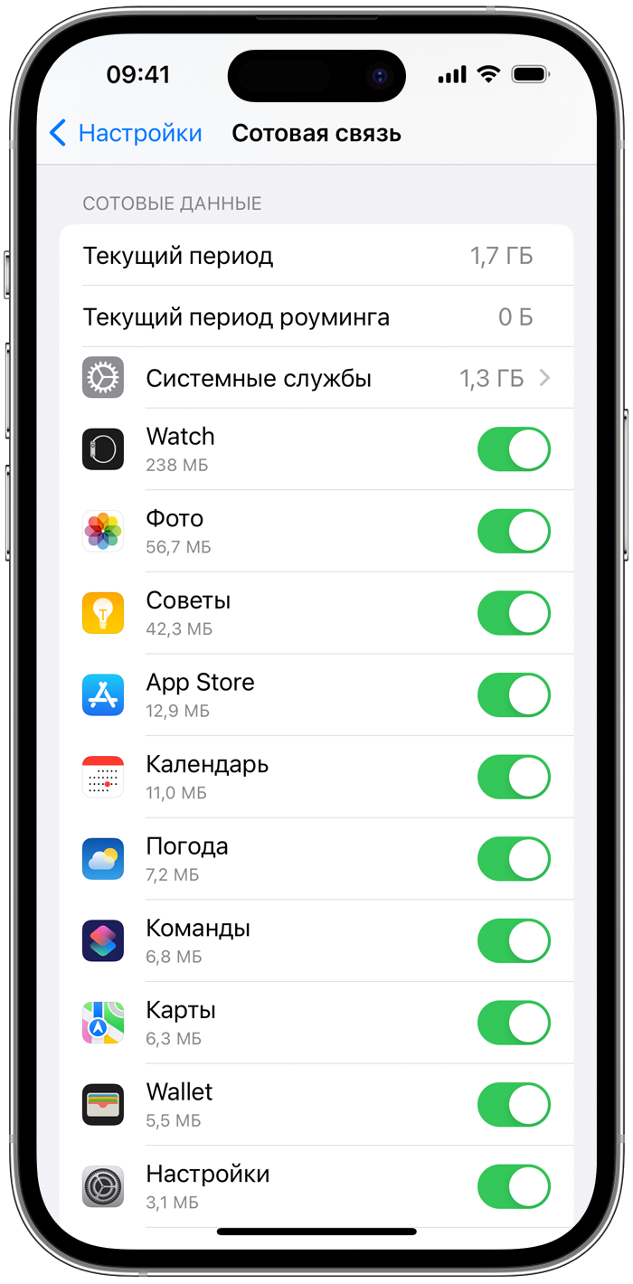 Экран настройки сотовой связи на iPhone