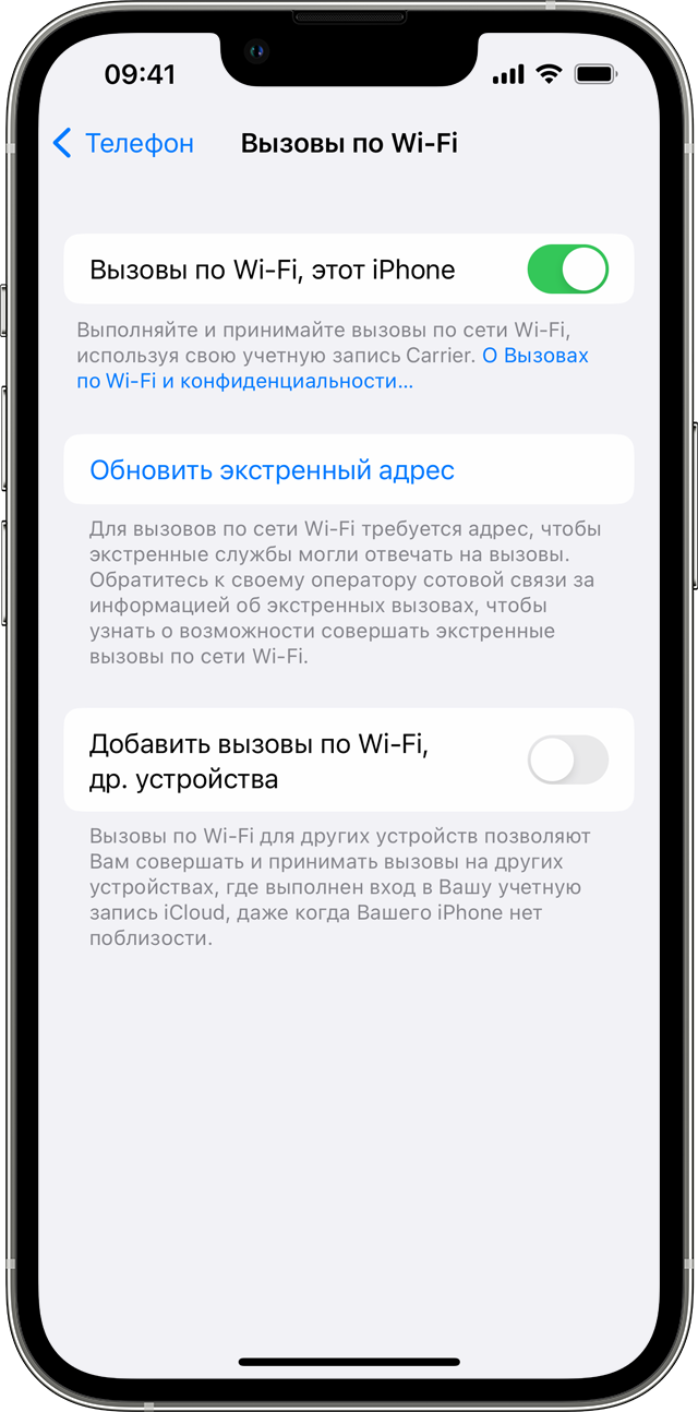iPhone, на котором отображается экран «Вызовы по Wi-Fi», функция «Вызовы по Wi‑Fi, этот iPhone» включена.