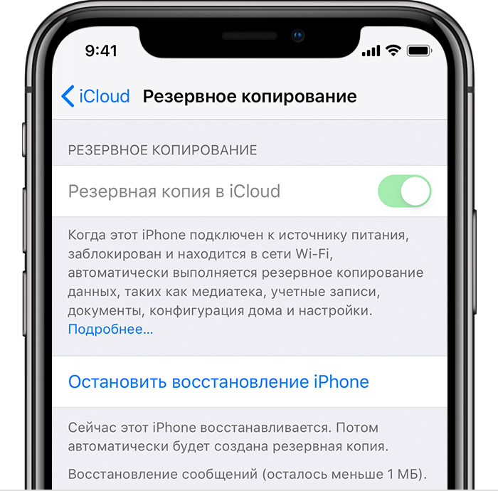 Экран iPhone с включенной службой «Резервное копирование iCloud»