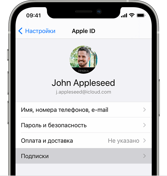 Экран iPhone с пунктом меню «Подписки» в приложении «Настройки».
