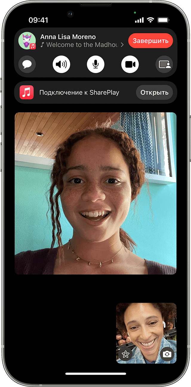 iPhone с кнопкой «Подключиться к SharePlay» в вызове FaceTime