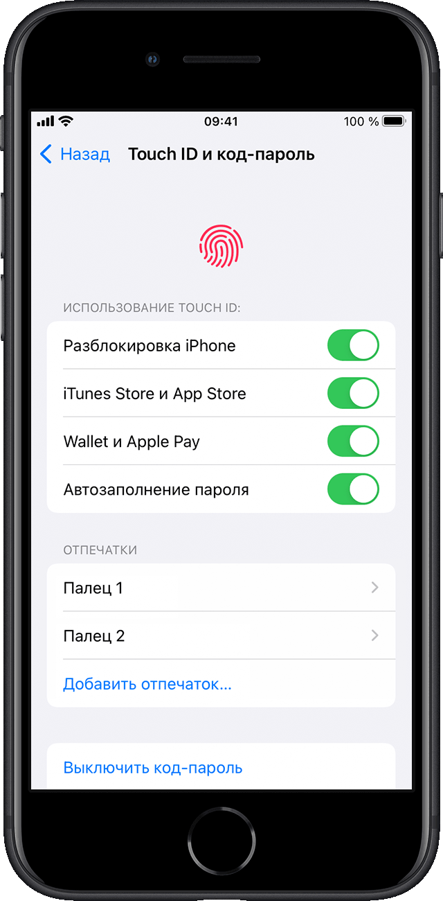 Выбор функций iPhone в меню «Настройки» для использования с Touch ID