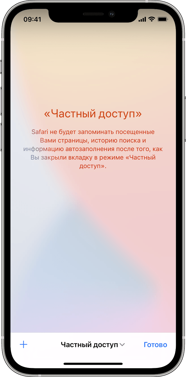 Экран iPhone с экраном режима «Частный доступ» при выборе пункта «Частный доступ».