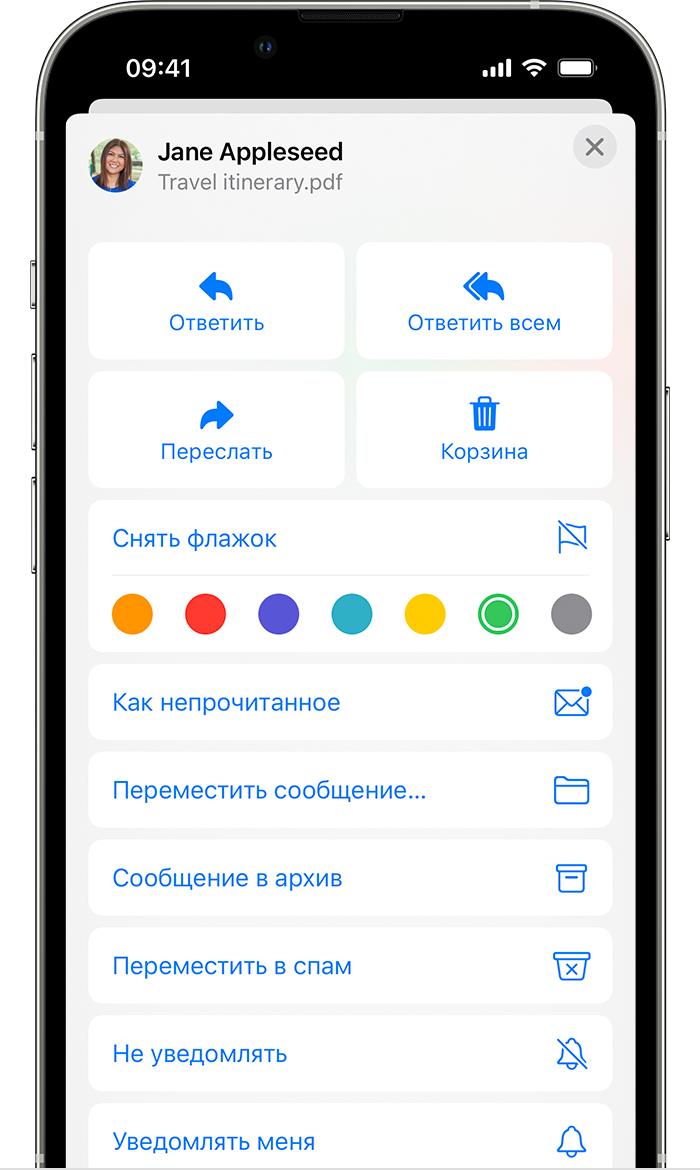 Выбор цвета флажка для маркировки сообщений электронной почты в приложении «Почта» в iOS 15