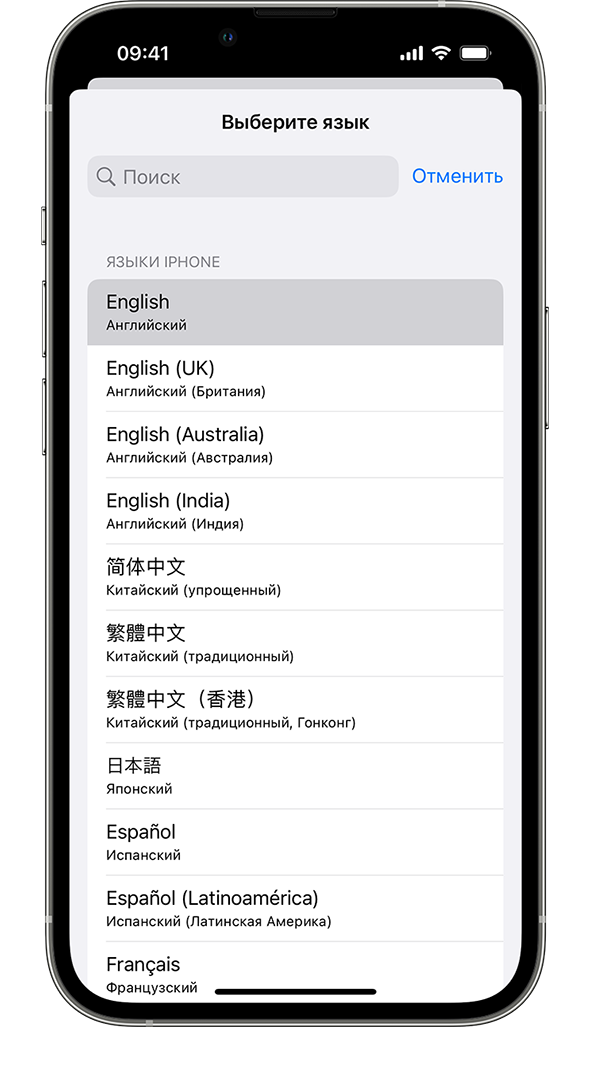 Экран iPhone со списком доступных системных языков (выделен французский язык).
