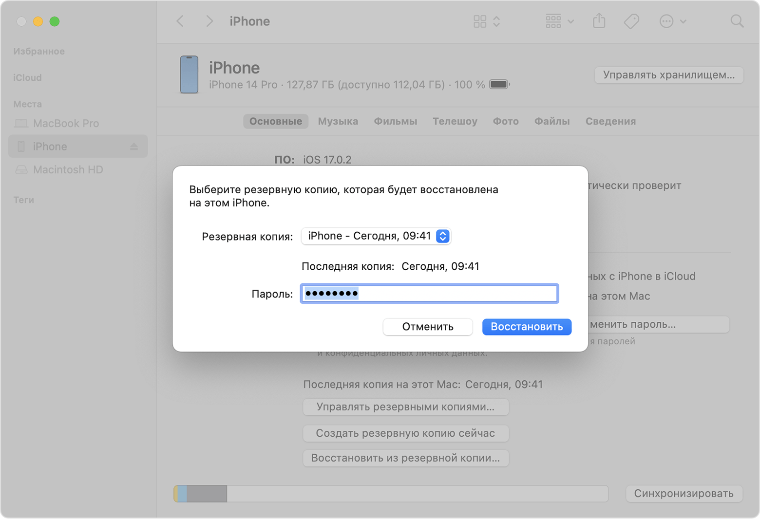 Окно Finder, в котором отображается предложение выбрать резервную копию и ввести пароль