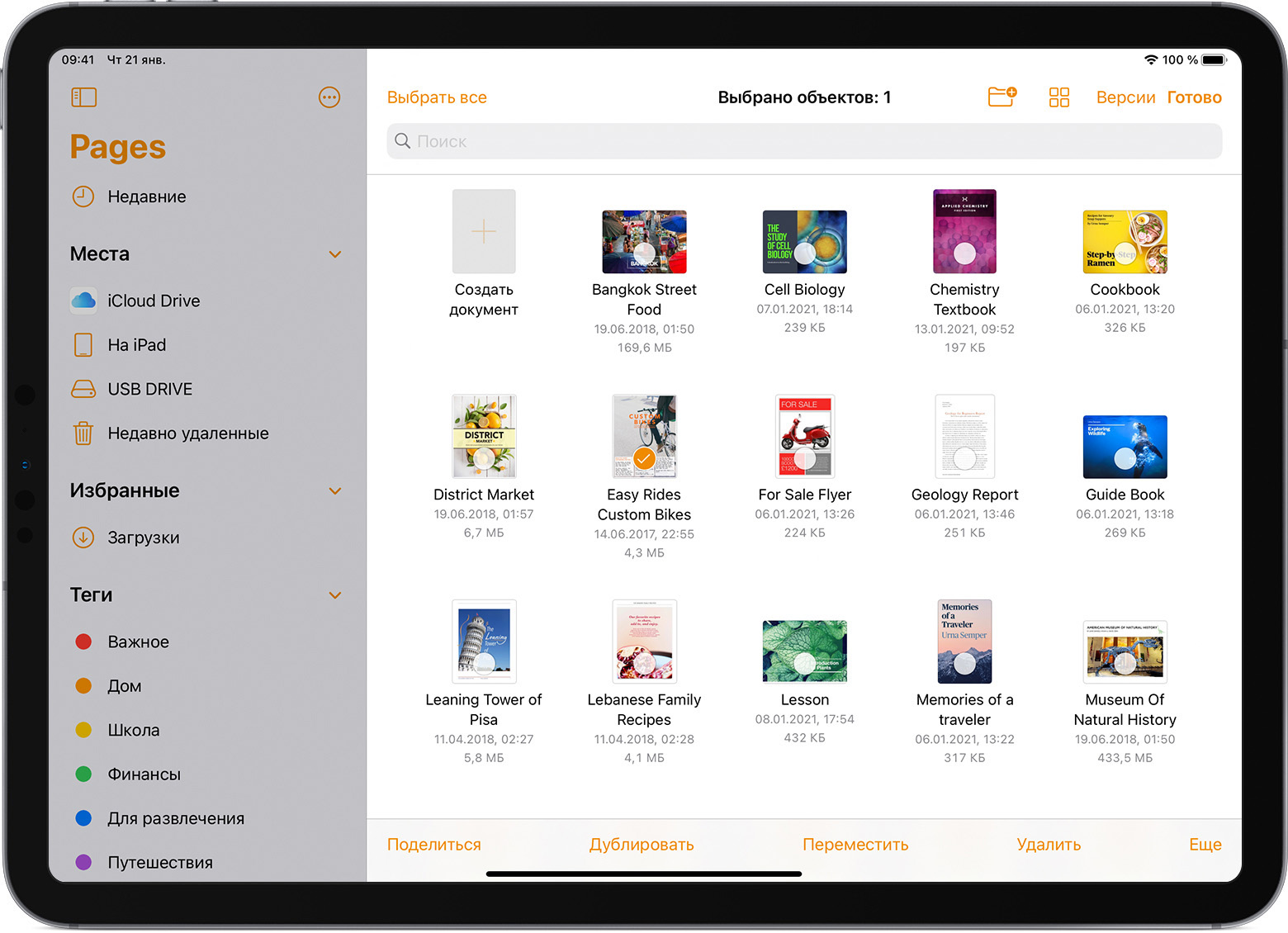 Изображение iPad Pro с открытым браузером файлов в Pages и одним выбранным файлом