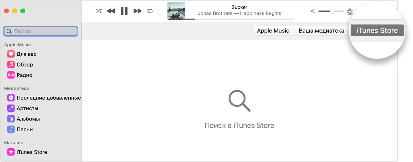 Приложение Apple Music на компьютере Mac с кнопкой «iTunes Store» под элементами управления громкостью рядом с кнопкой «Ваша Медиатека».