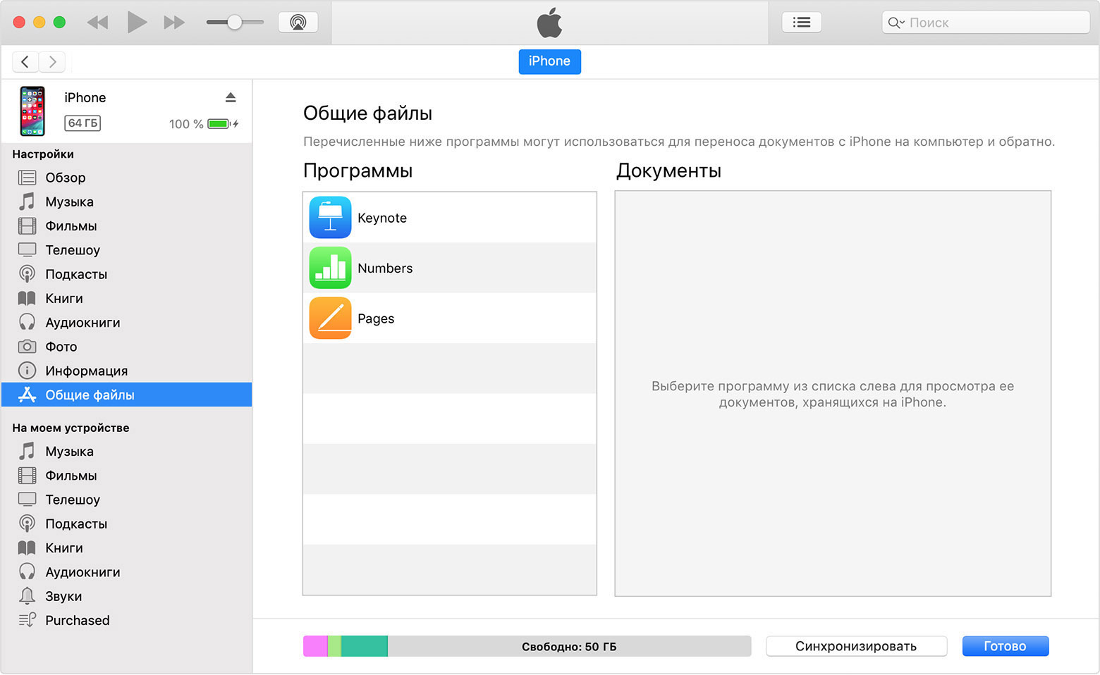 Окно iTunes с подключенным iPhone и выбранным в списке элементом «Общие файлы».