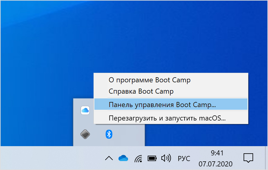 Панель управления Boot Camp выбрана в меню Boot Camp