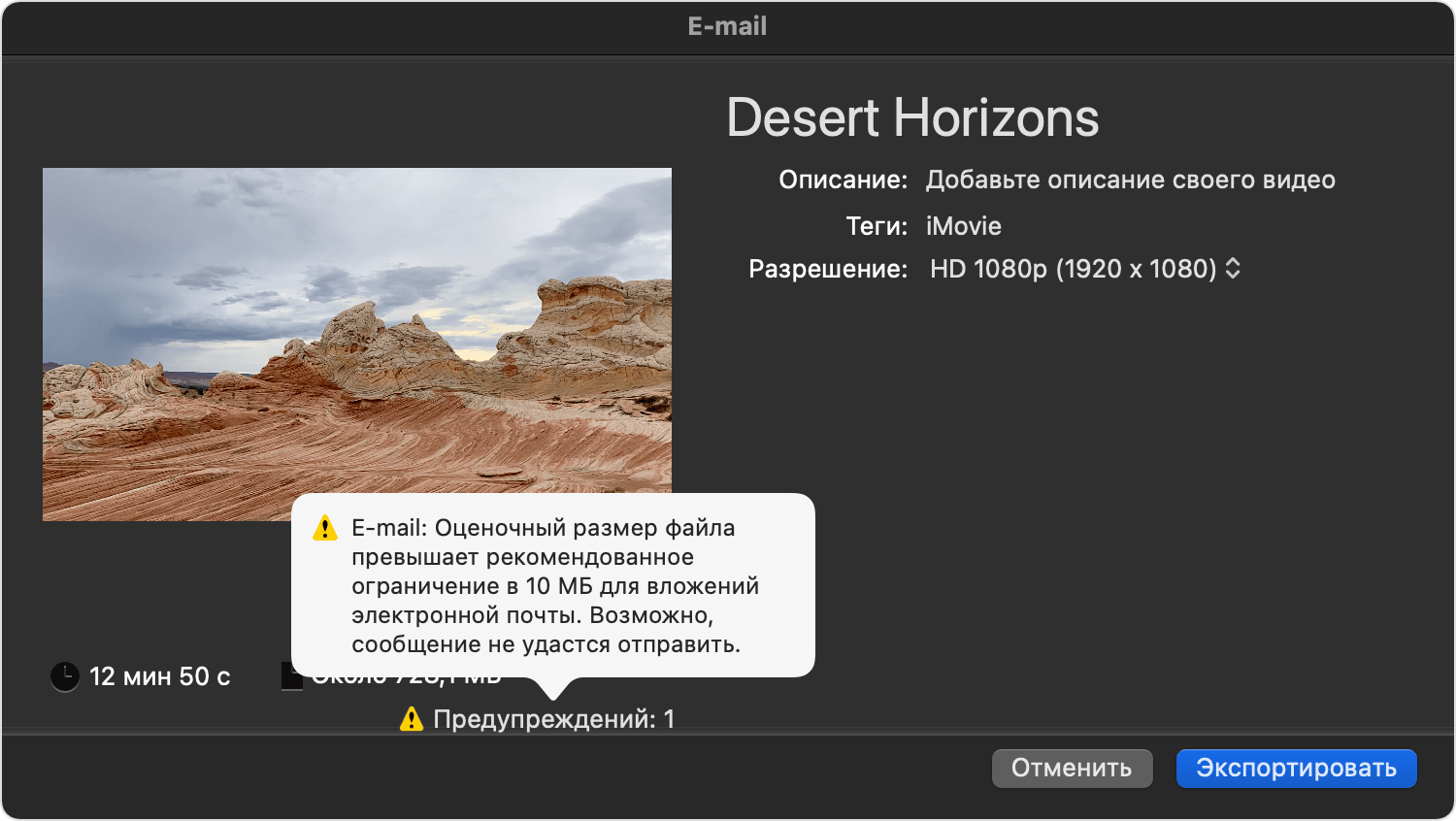 Диалоговое окно настроек параметров iMovie для отправки файла по электронной почте