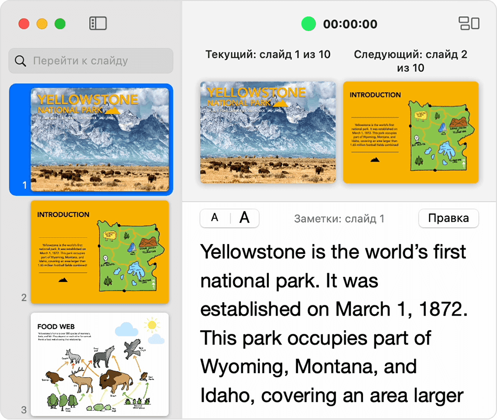 Окно экрана докладчика Keynote
