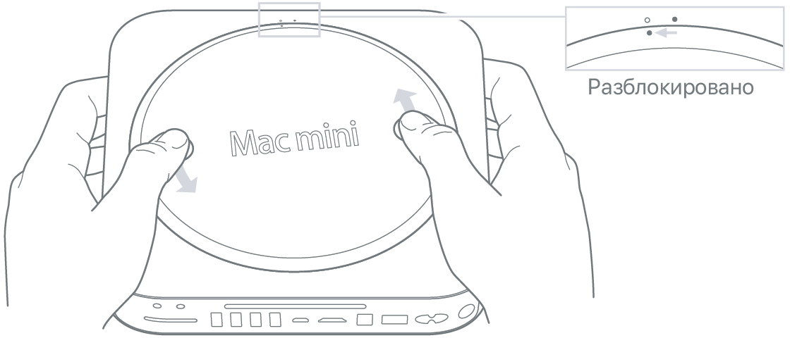 Поворачивание крышки нижней части Mac mini двумя руками