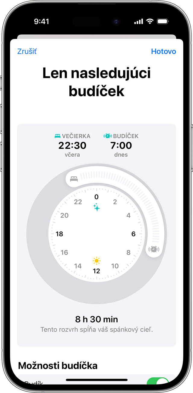 Obrazovka iPhonu s možnosťami úpravy Len nasledujúci budíček