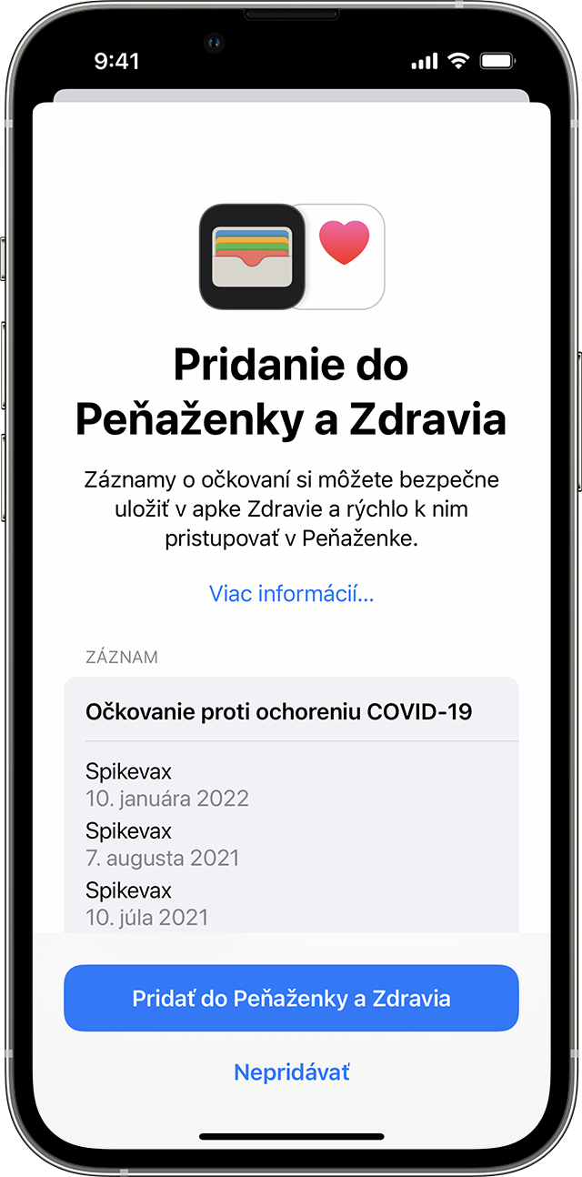 Obrazovka iPhonu so záznamom o očkovaní proti ochoreniu COVID-19 na pridanie do Peňaženky a do apky Zdravie