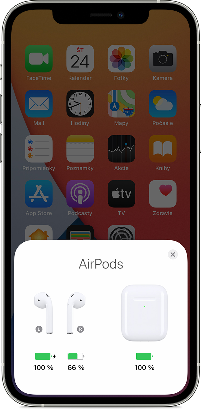 Stav nabíjania slúchadiel AirPods na obrazovke iPhonu