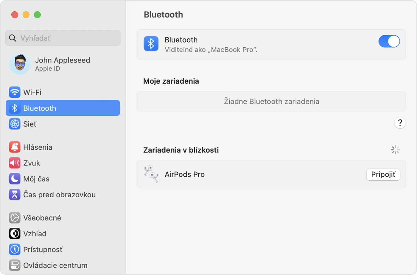 Nastavenia rozhrania Bluetooth v Systémových nastaveniach na Macu
