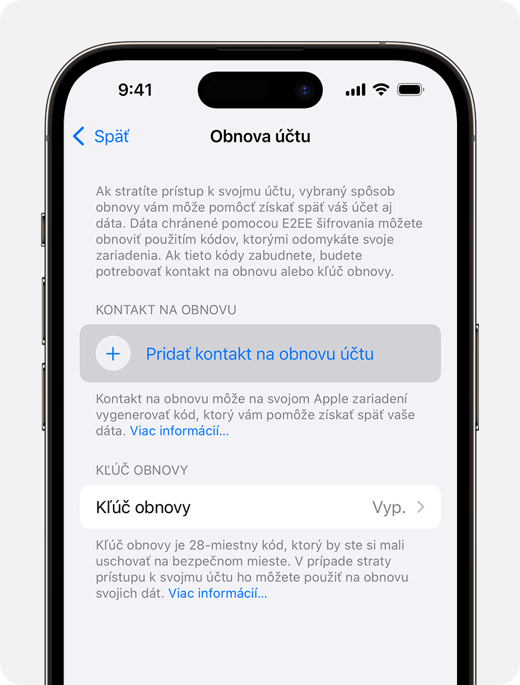 Obrazovka iPhonu so zobrazením pridania kontaktu na obnovu