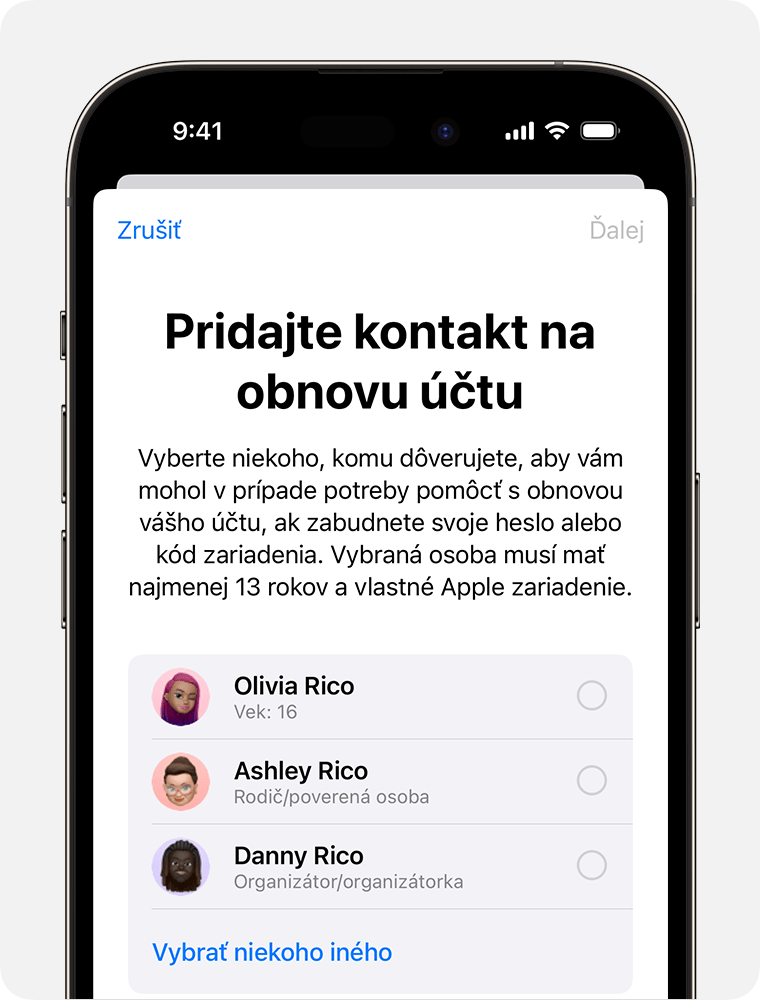Obrazovka iPhonu so zobrazenými kontaktmi, ktoré môžete pridať ako kontakt na obnovu