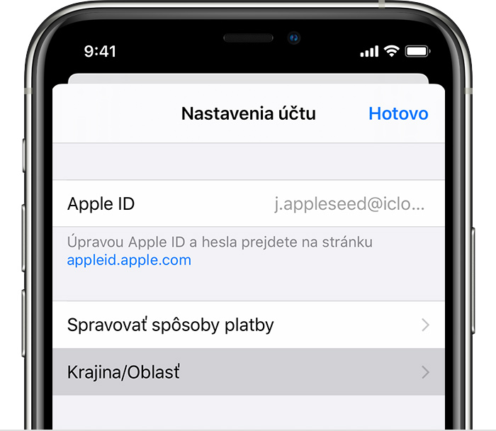 iPhone so zobrazenou stránkou Nastavenia účtu.