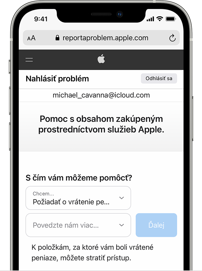 iPhone so zobrazenou webovou stránkou Report a Problem (Nahlásenie problému), kde môžete požiadať o refundáciu. Po výbere možnosti Request a refund (Požiadať o refundáciu), vyberte dôvod žiadosti o refundáciu.