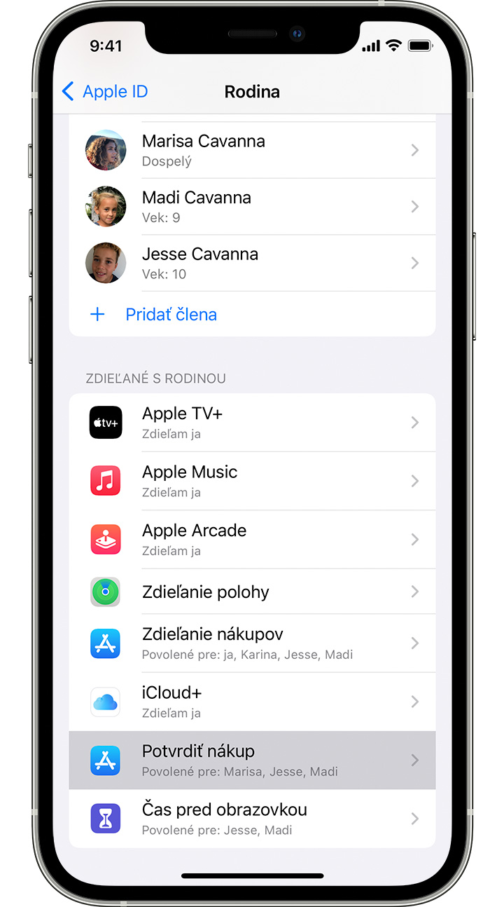 Nastavenia na iPhone s funkciou Potvrdiť nákup povolenou pre používateľov Marisa, Jesse a Madi.