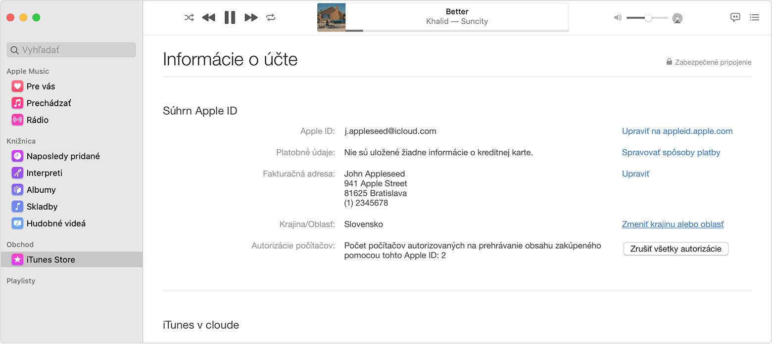 Mac so zobrazenou stránkou Informácie o účte.
