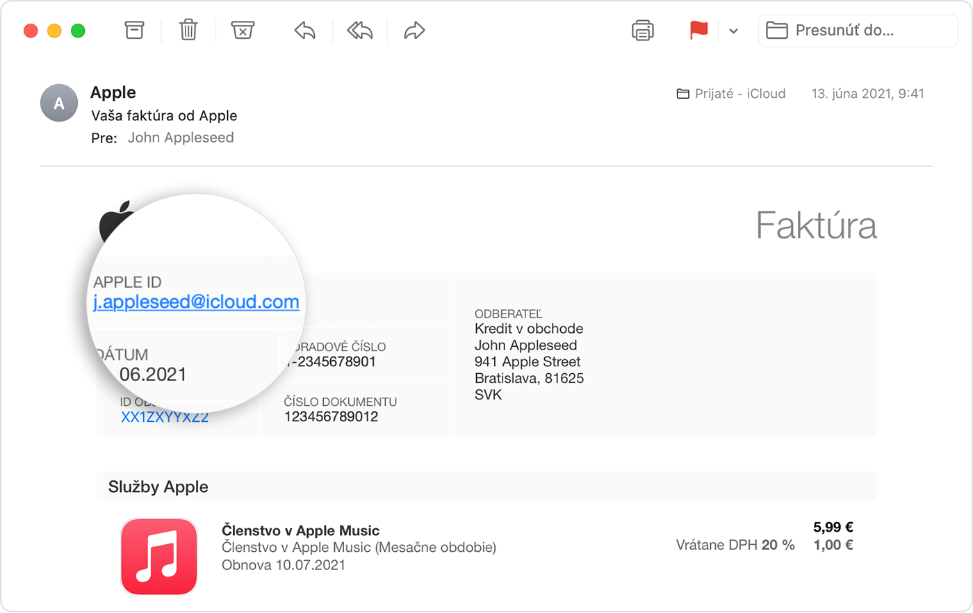 E-mailová faktúra od spoločnosti Apple s Apple ID osoby, ktorá si zakúpila predplatné Apple Music.