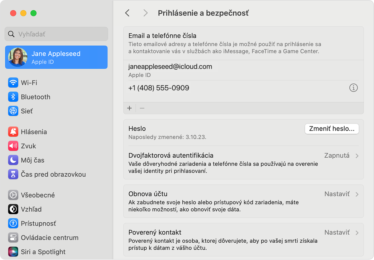 Obrazovka Macu umožňujúca zmeniť heslo účtu Apple ID