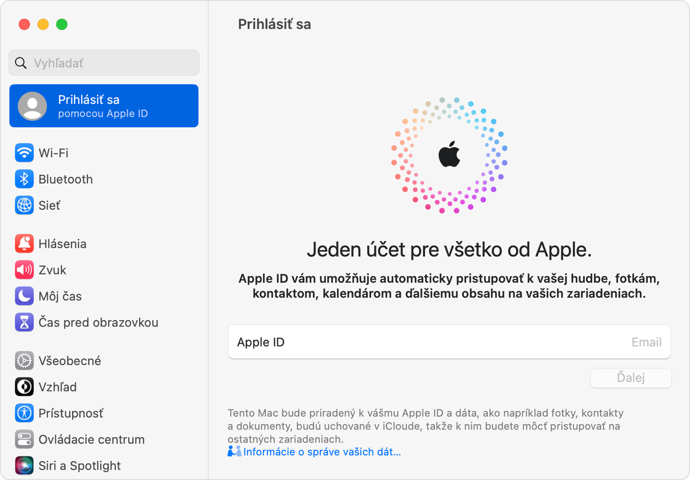 Prihlásenie do účtu Apple ID v Systémových nastaveniach na Macu