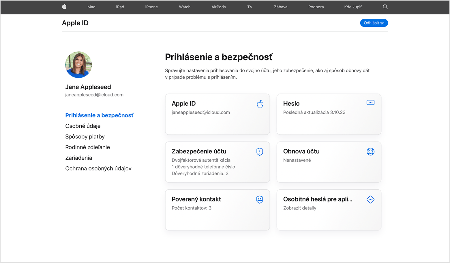 Obrazovka umožňujúca zmeniť heslo účtu Apple ID na webe
