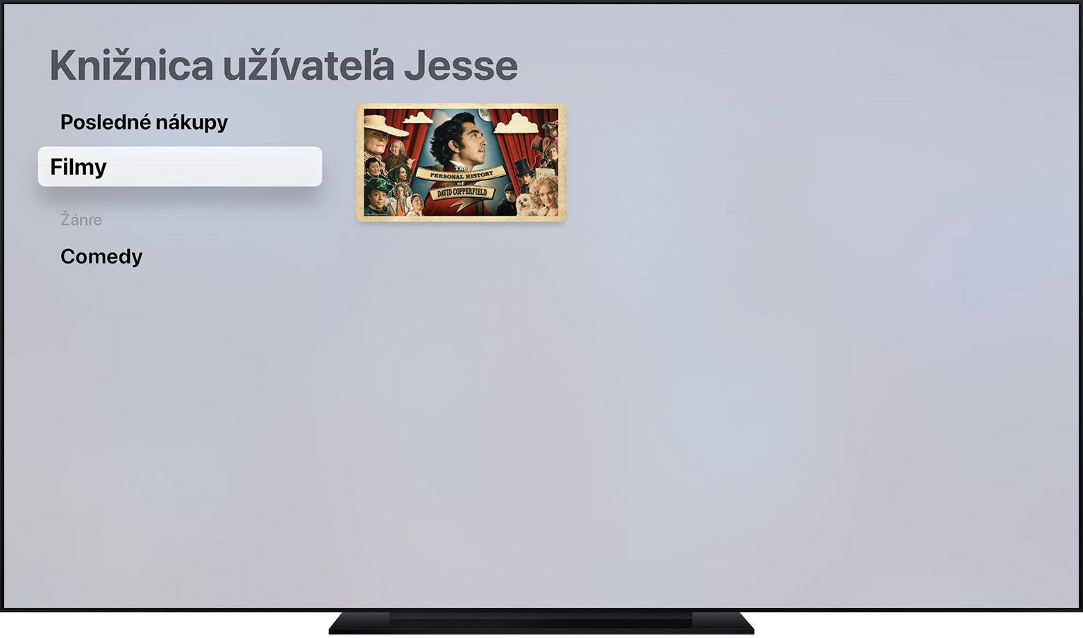 Apple TV so zobrazenými filmami v Jesseho knižnici.