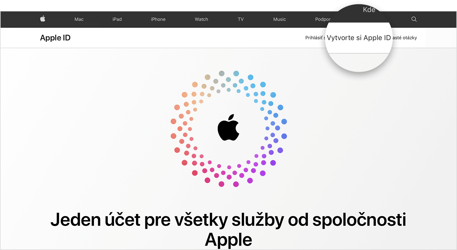 Snímka obrazovky so stránkou appleid.apple.com, v strede ktorej je logo Apple obklopené sústrednými farebnými kruhmi.