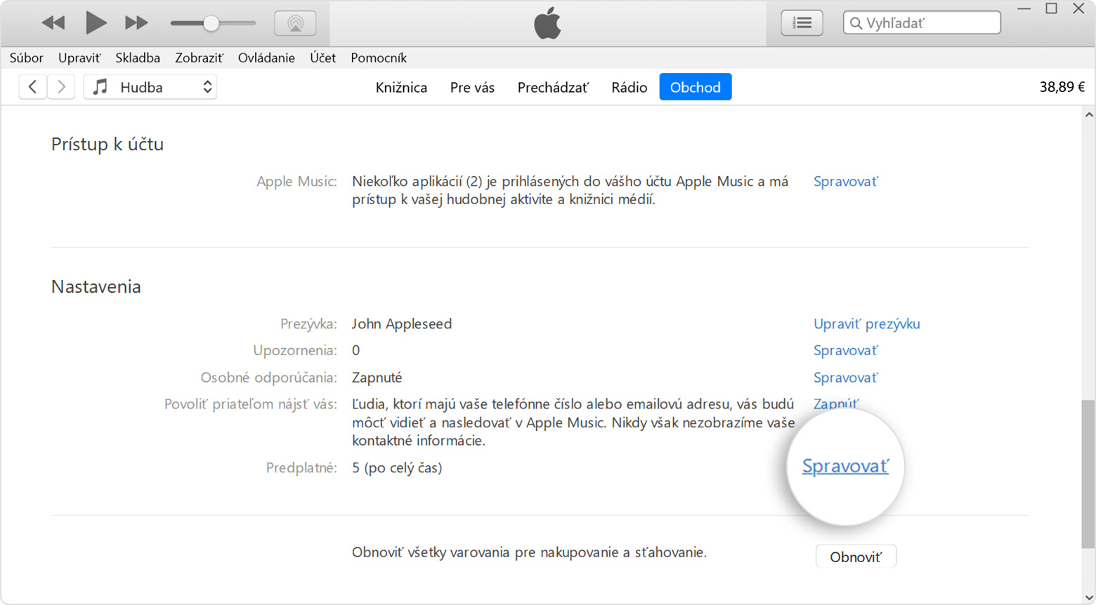 iTunes na PC so zobrazeným tlačidlom Spravovať vedľa predplatných.