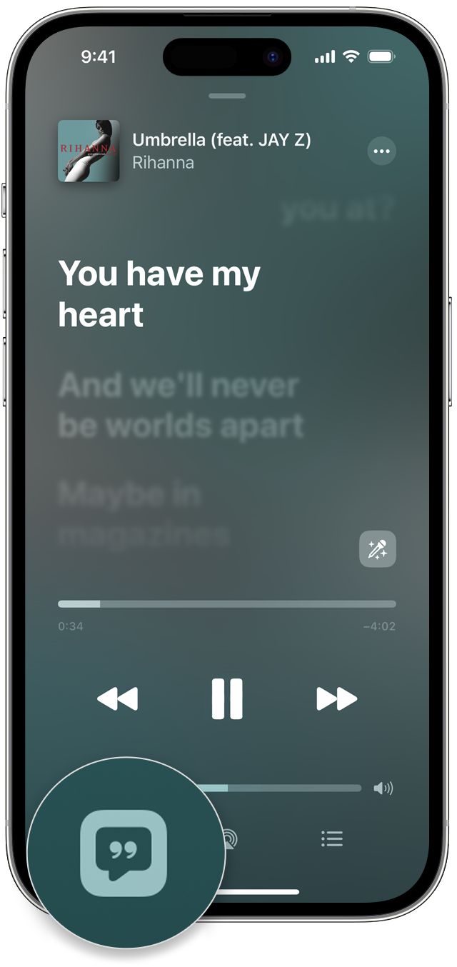 iPhone s tlačidlom Text skladby