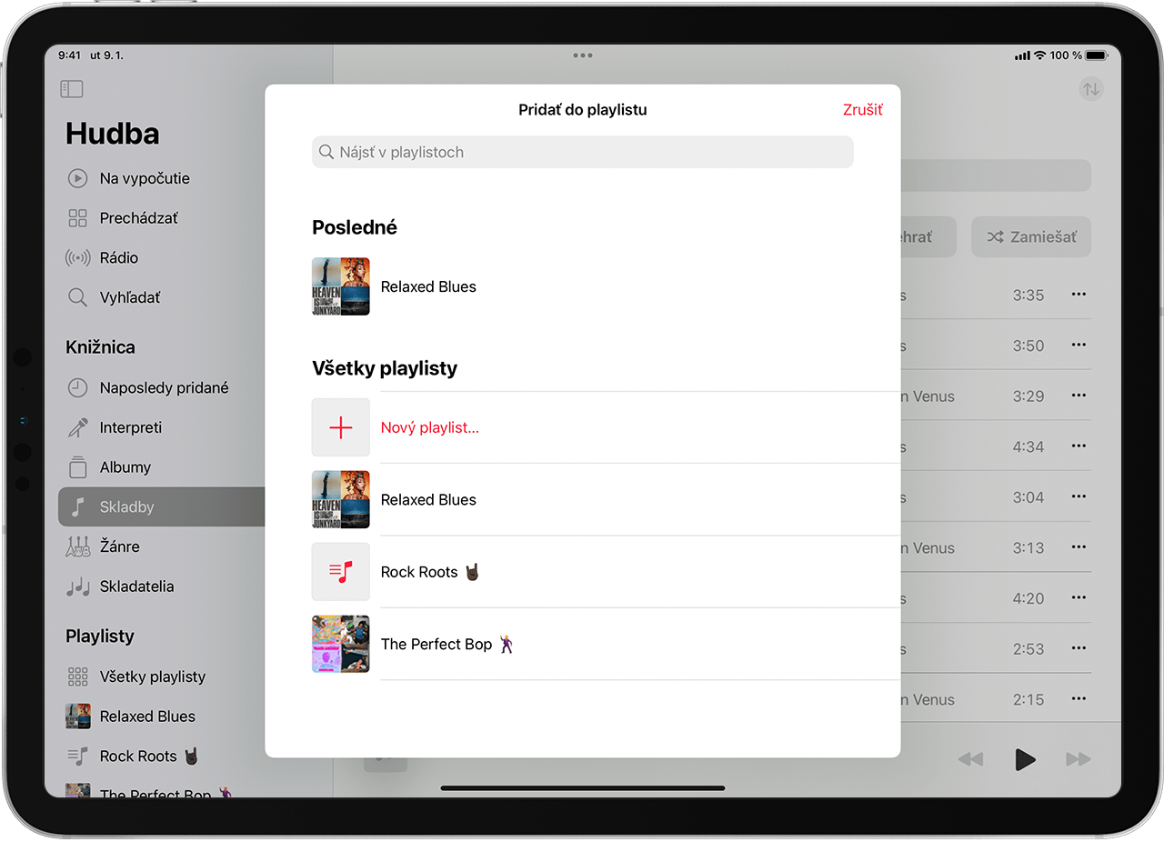 Obrazovka iPadu s playlistom skladieb.