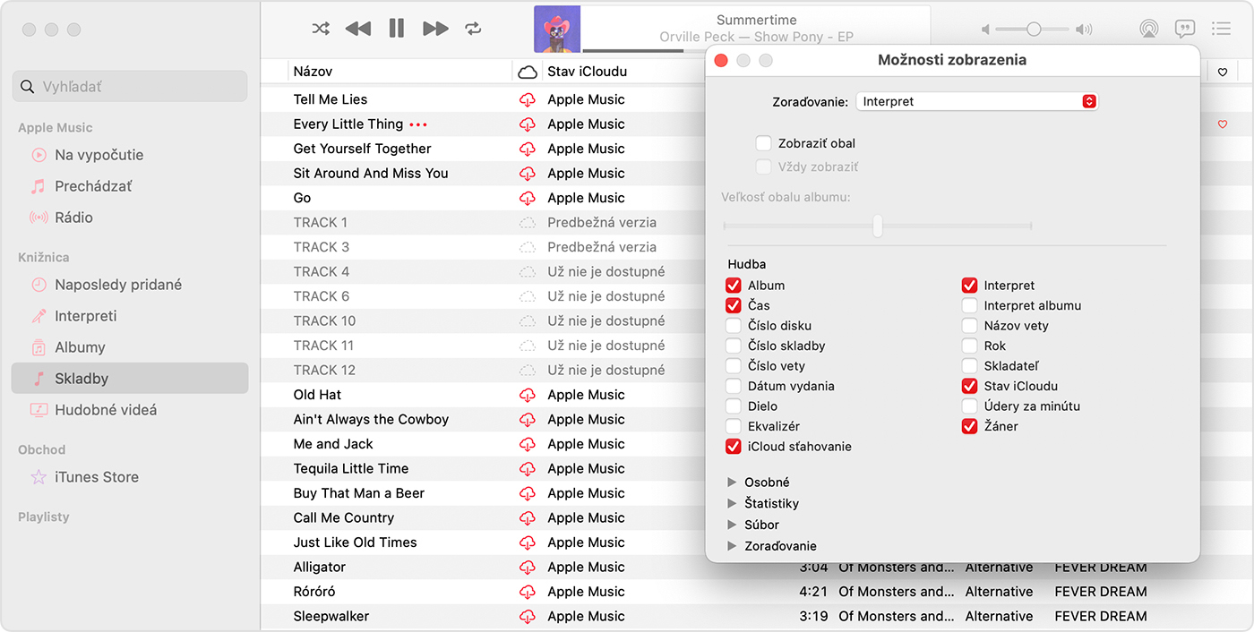 Okno apky Hudba s možnosťami zobrazenia vrátane možností iCloud sťahovanie a Stav iCloudu