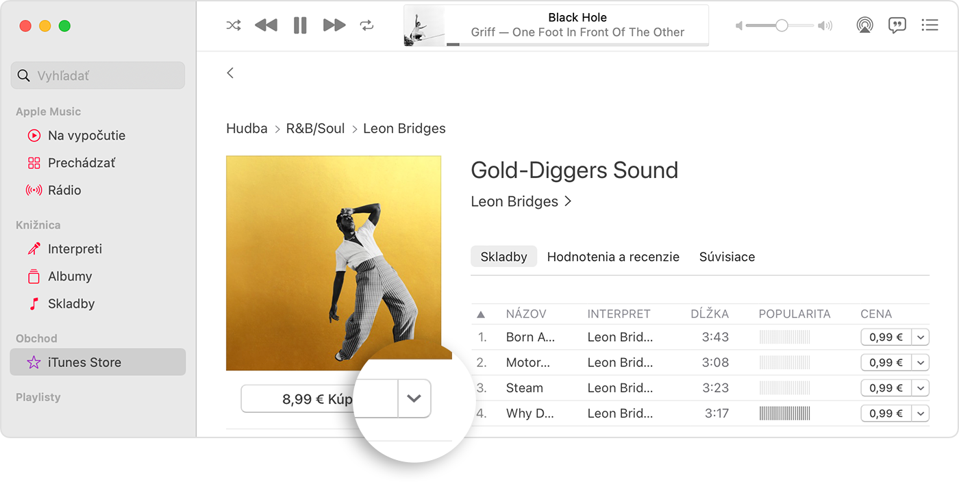 iTunes Store v apke Apple Music s tlačidlom šípky vedľa ceny