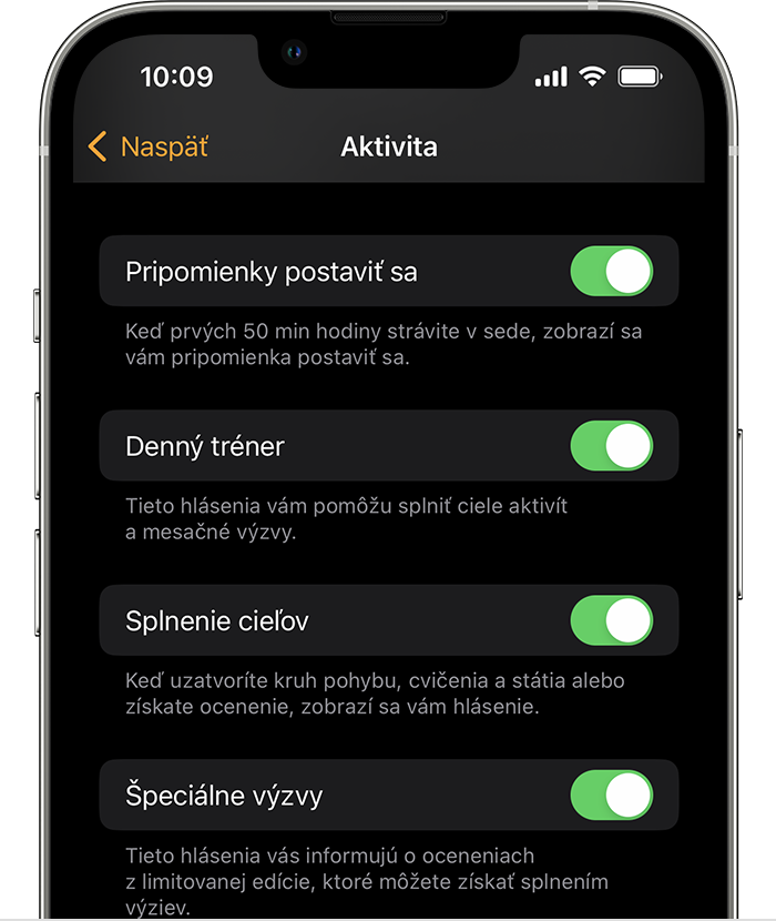 Obrazovka iPhonu s možnosťami hlásení a pripomienok aktivity