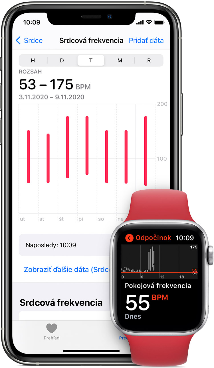 Meranie srdcovej frekvencie v apke Zdravie na iPhone a pokojová frekvencia v apke na hodinkách Apple Watch